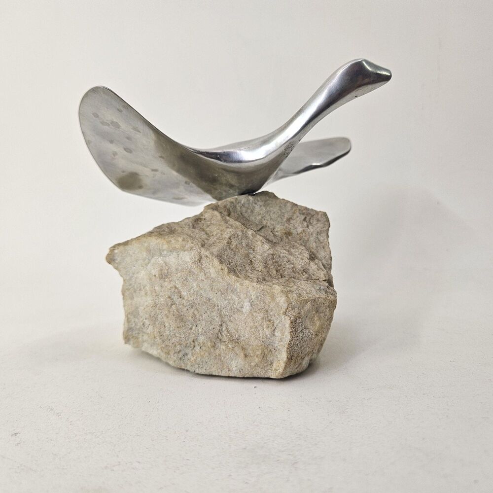 Vintage Hoselton Canada Aluminum Goose Bird Sculpture on Stone Base Modern Art